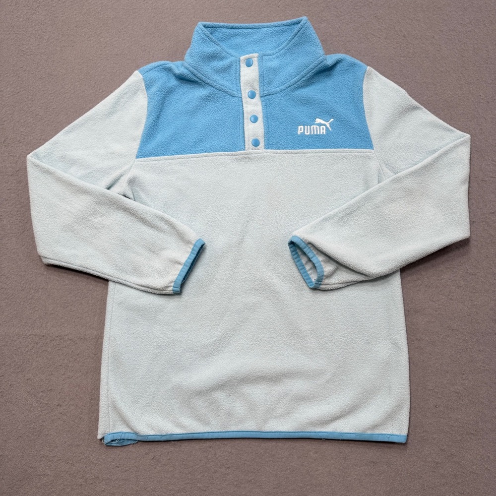 Puma Sweater Youth‎ XL Blue Colorblock Fleece Snap Mockneck Pullover Sweatshirt